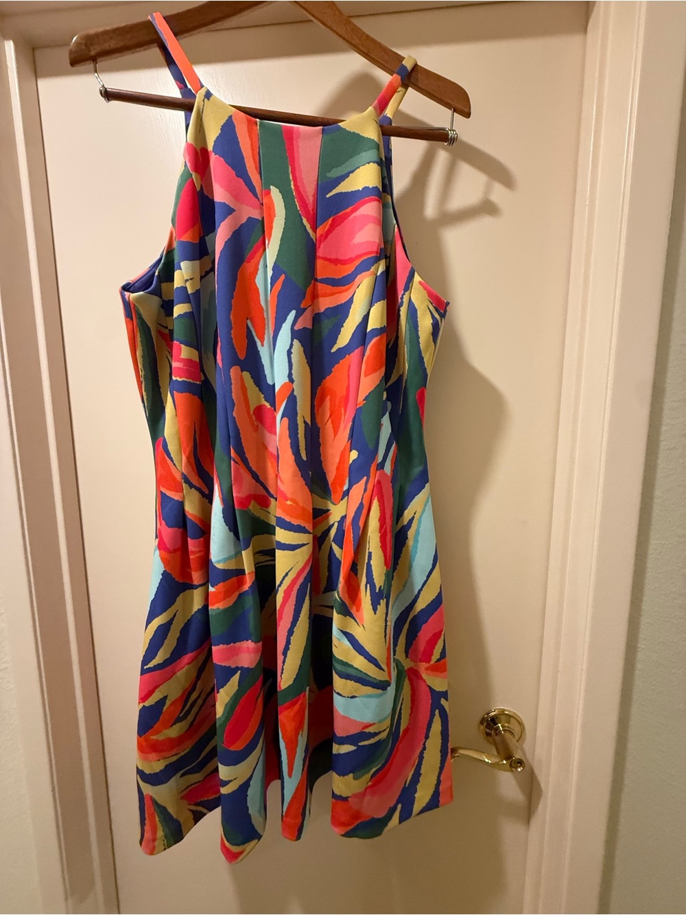 Vince Camuto Multicolor Abstract Strap Dress — Purple, Orange, Yellow, Green.